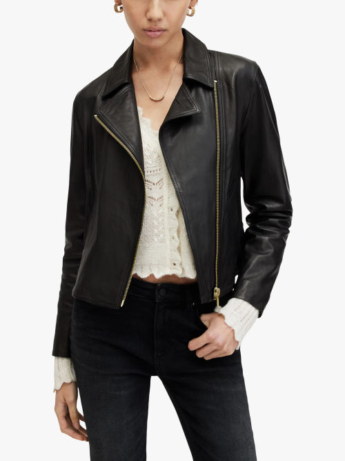 Whistles Agnes Leather Biker Jacket, Dark Green at John Lewis