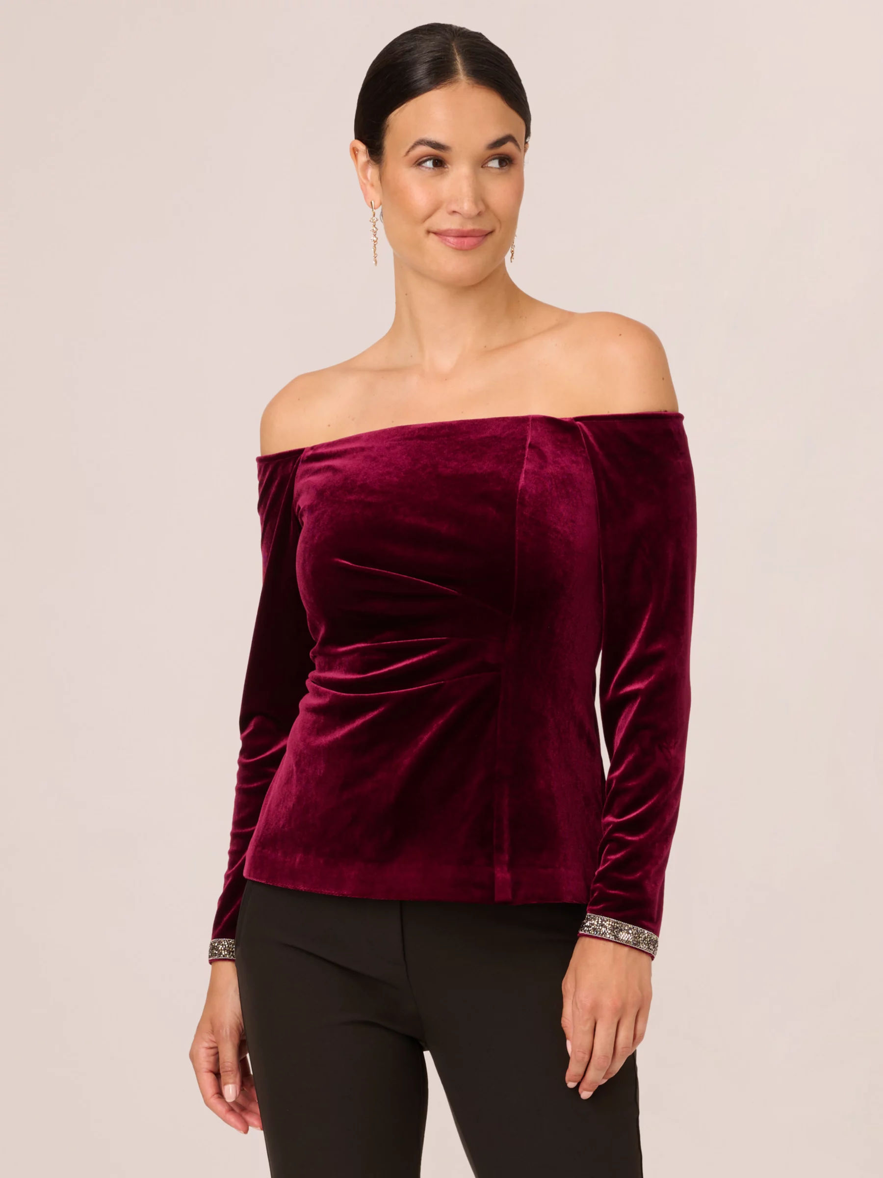 Adrianna Papell Beaded Velvet Bardot Top Burgundy 129.00