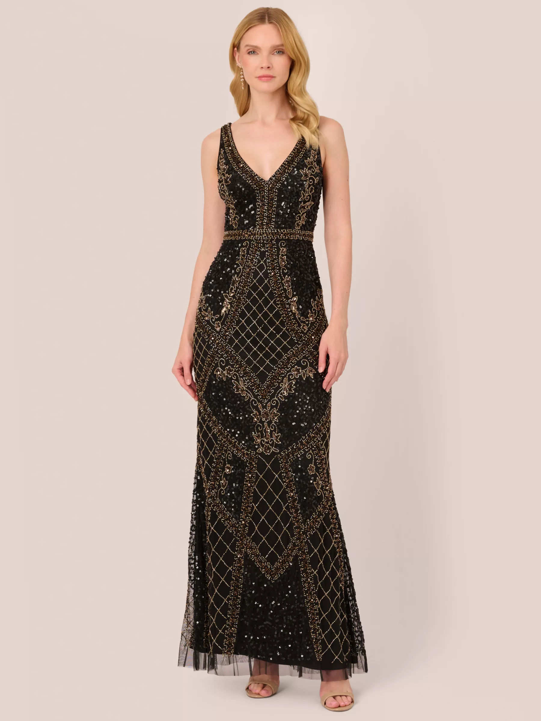 Adrianna Papell Beaded Mesh Maxi Dress Black Gold 349.00