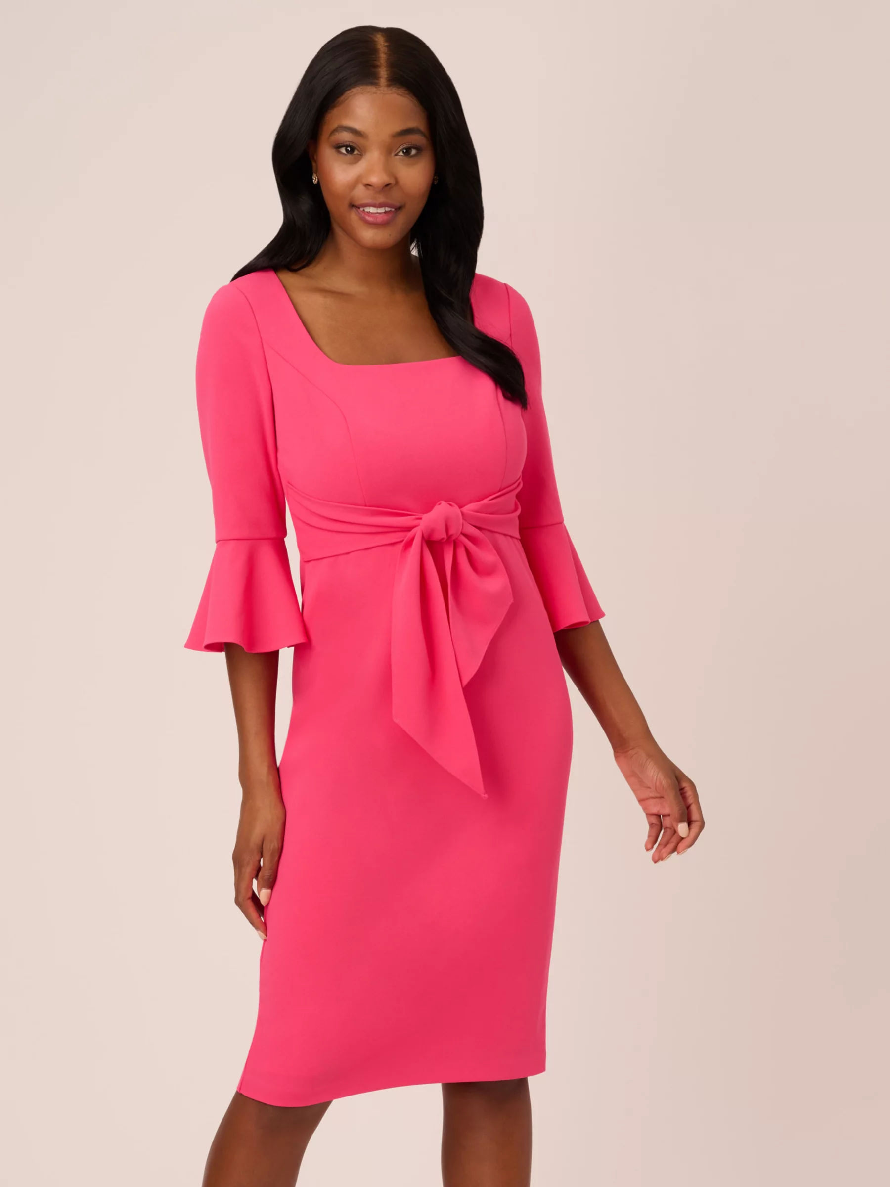 Adrianna Papell Bell Sleeve Tie Front Midi Dress Camellia