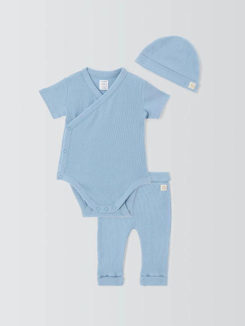 John Lewis Baby Ribbed Bodysuit, Trousers & Hat Set, Blue, £12.00