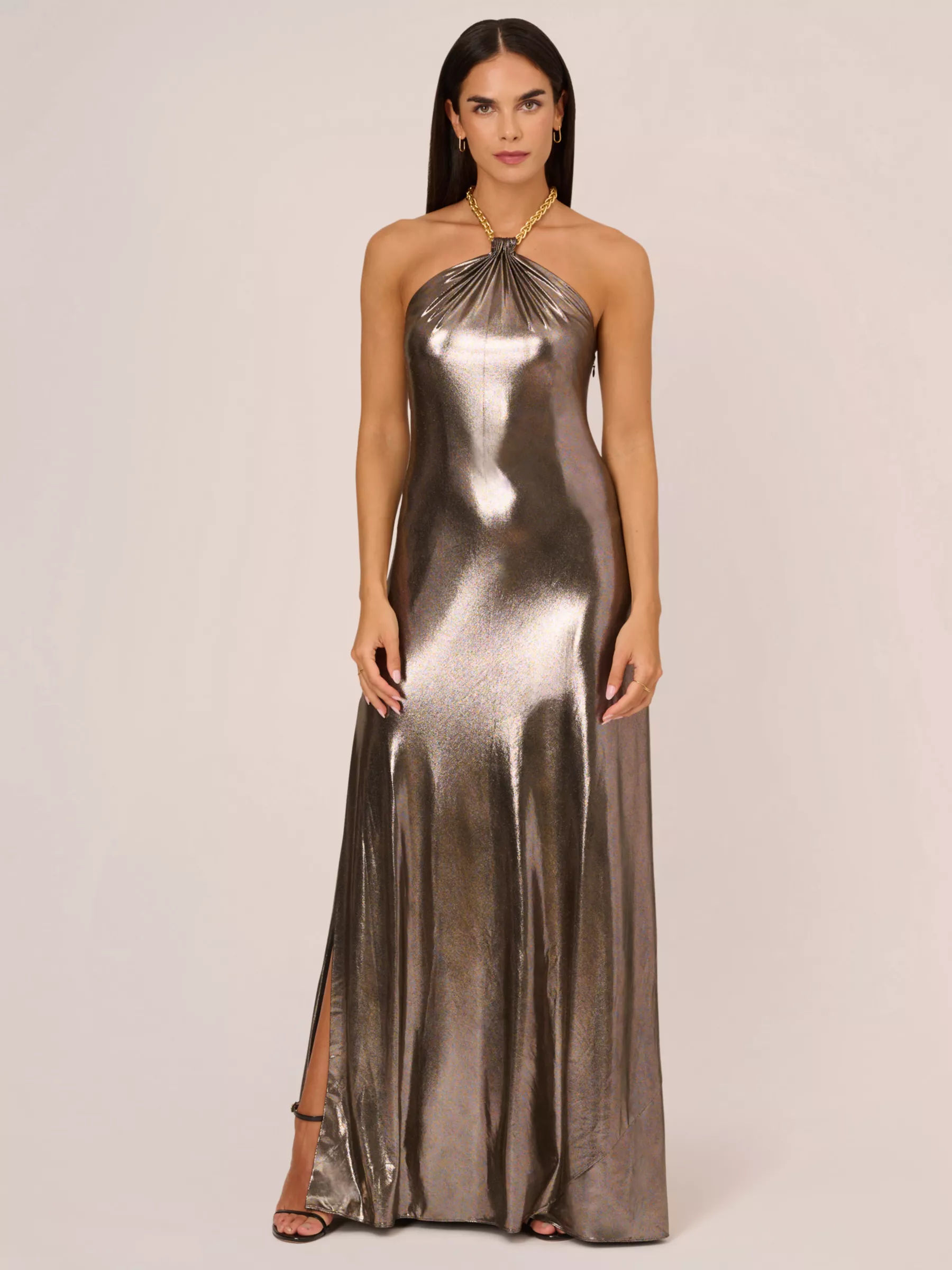 Aidan by Adrianna Papell Metallic Knit Maxi Dress Gunmetal