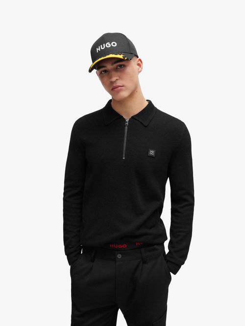 HUGO Sastor Zip Neck Knitted Polo Top, Black