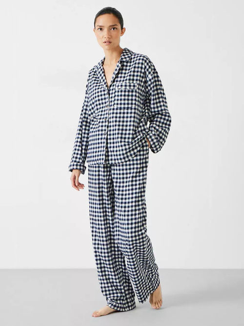 Amita Brushed Cotton Blend Pyjamas, Blue/Ecru Stripe