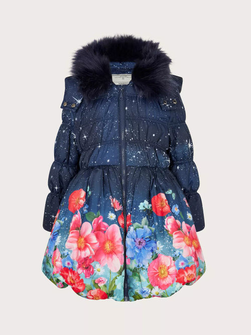 Mini Boden Kids' Star Print Longline Padded Coat, Navy Foil