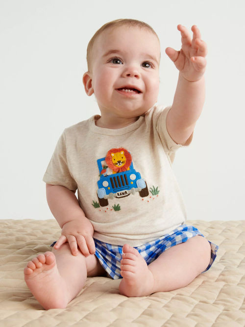 Purebaby Baby Organic Cotton & Linen Blend Animal Appliqe T-Shirt & Gingham  Shorts Set, Blue/Multi, £30.00