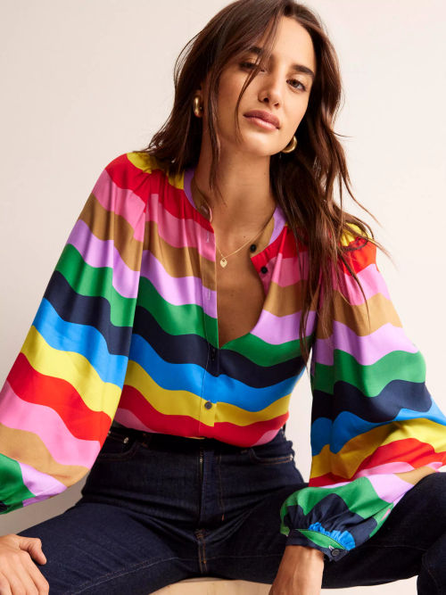 Boden Rainbow Wave Stripe Blouson Sleeve Top, Multi, £120.00