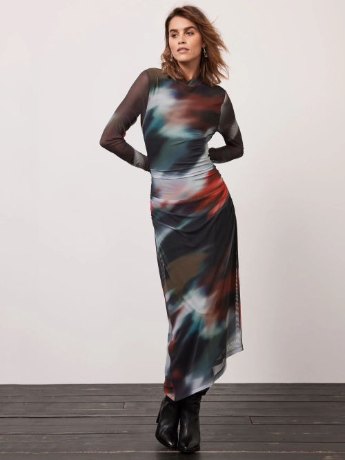 Abstract Mesh Long Sleeve Midi Dress