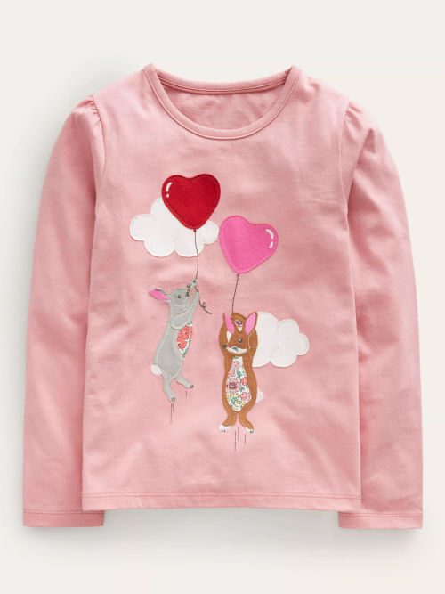 Mini Boden Kids' Bunny Heart Applique Puff Sleeve Top, Blush Pink