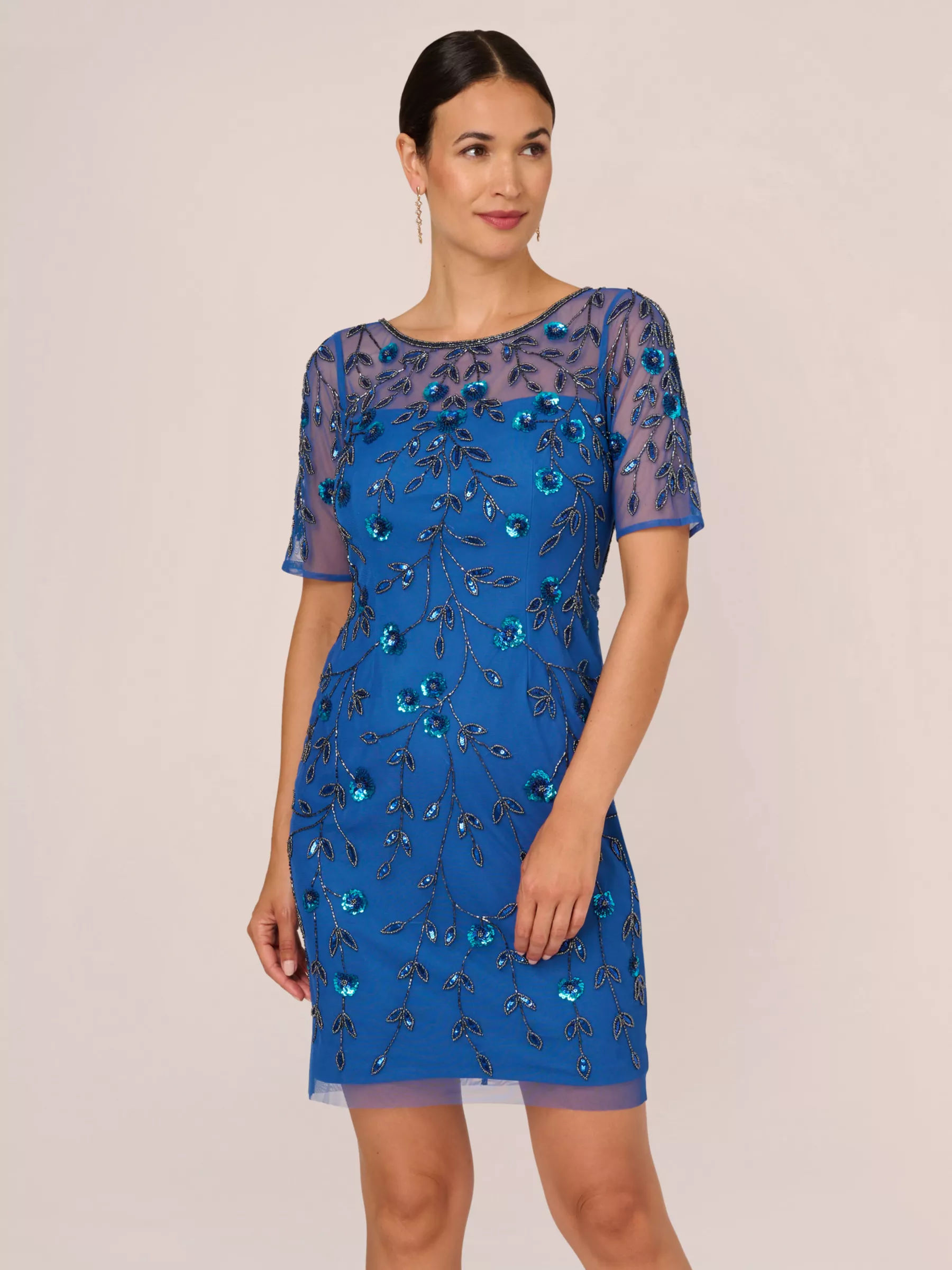 Adrianna Papell Beaded Floral Short Dress Blue Horizon 169.15