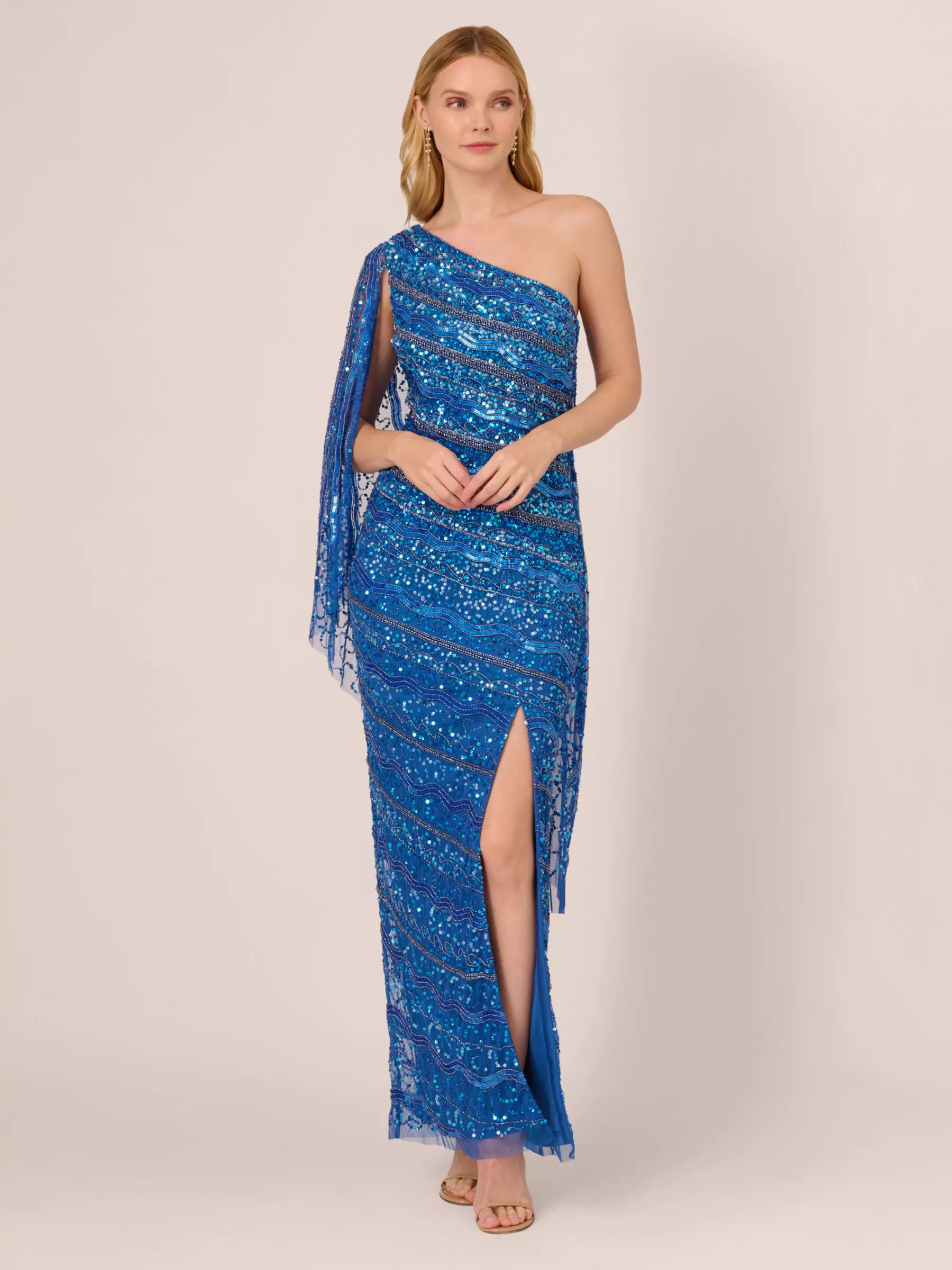 Adrianna Papell One Shoulder Beaded Maxi Dress Blue Horizon