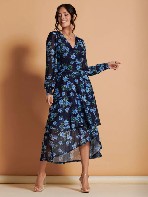 Jolie Moi Floral Ruched Mesh Midi Dress, Navy