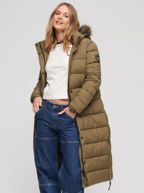 Superdry Faux Fur Lined Longline Afghan Coat, Black at John Lewis