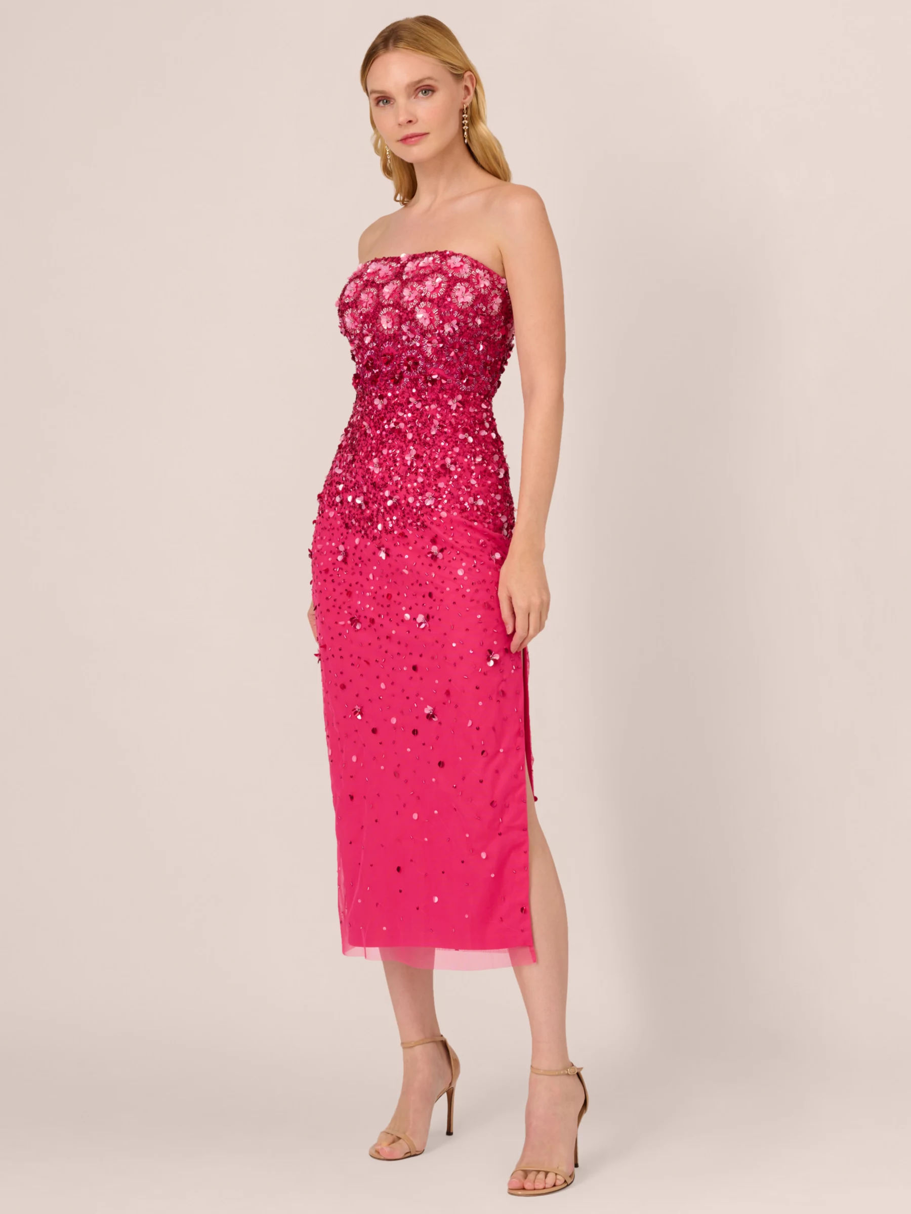 Adrianna Papell Beaded Strapless Midi Dress Hot Pink 279.00