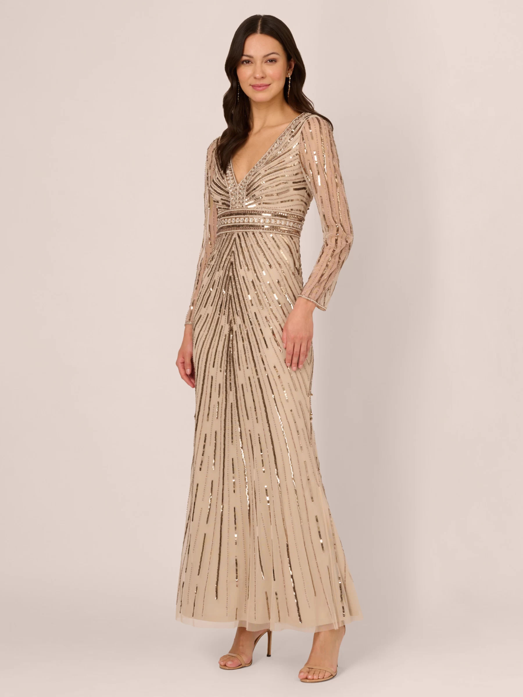 Adrianna Papell Beaded Mesh Maxi Dress Black Gold 349.00