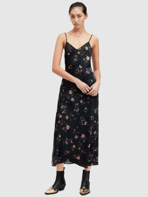 AllSaints Hadley Cowl Neck Midi Slip Dress, Black at John Lewis & Partners