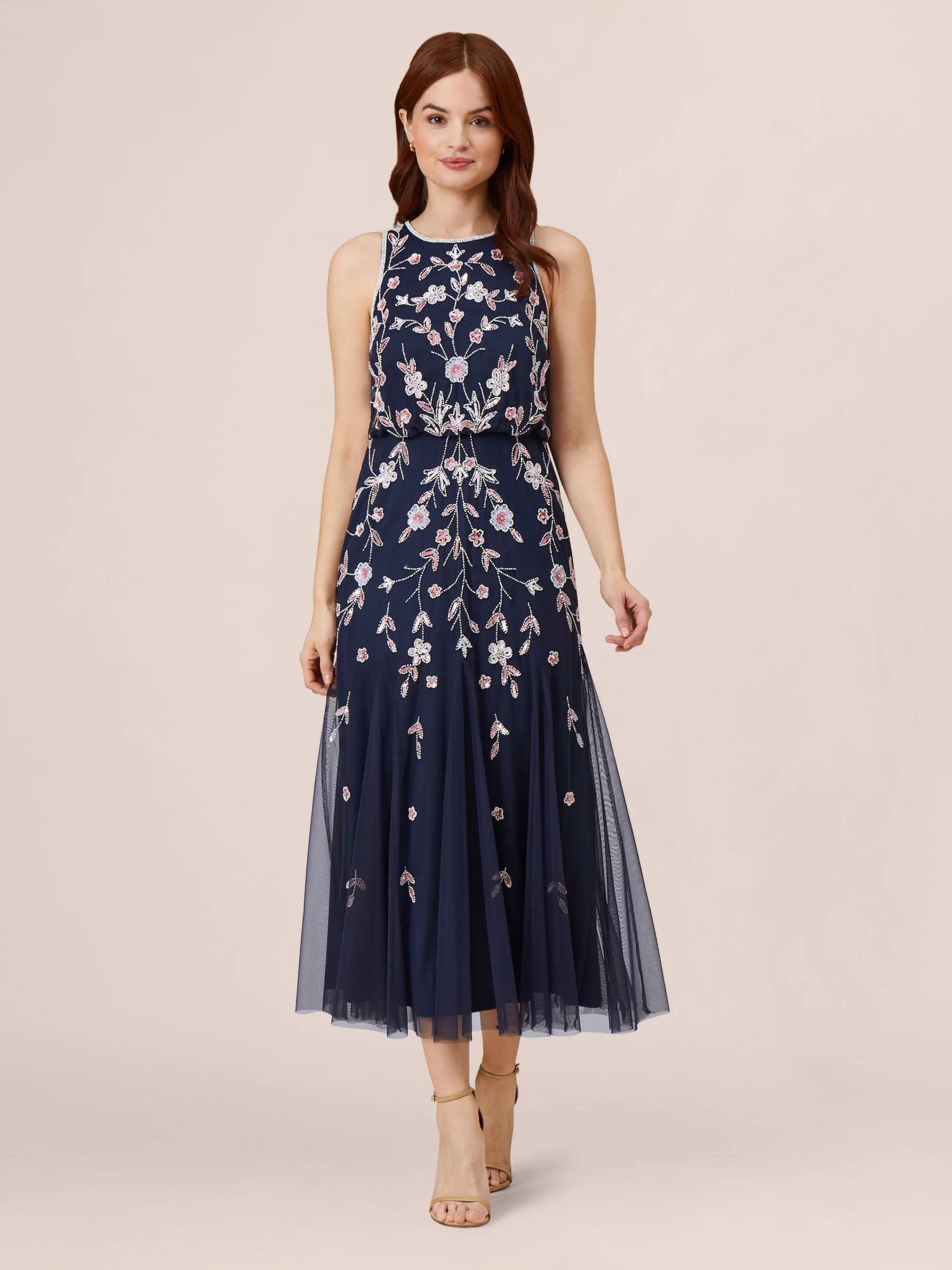 Adrianna Papell Beaded Blouson Midi Dress Navy Blush 239.20