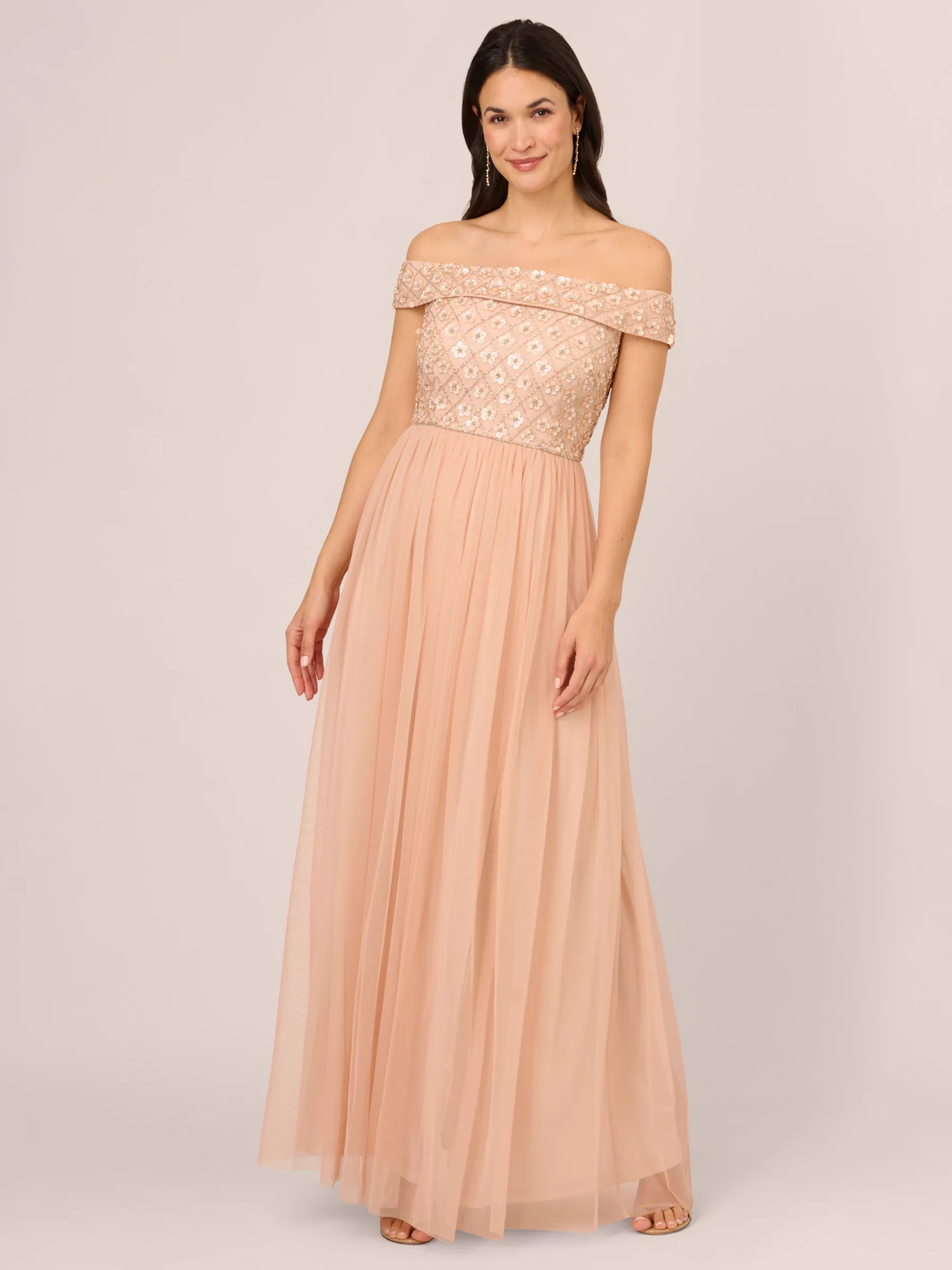 Adrianna Papell Off Shoulder Crunchy Bead Maxi Dress Champagne