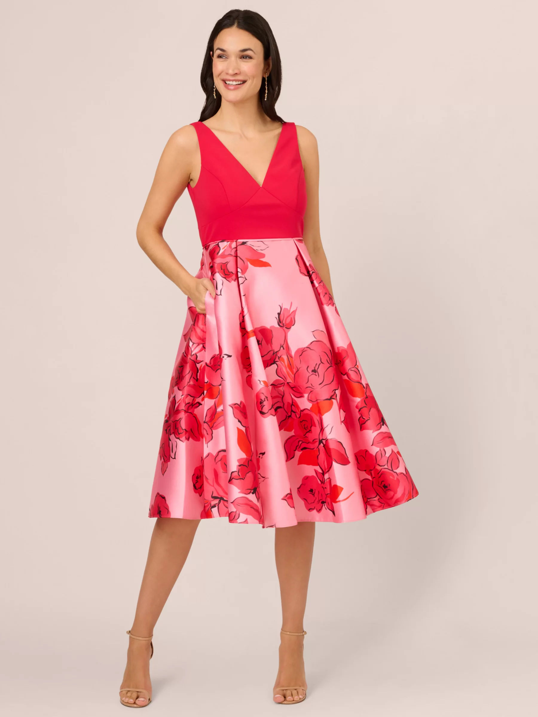 Adrianna Papell Floral Print Midi Dress Pink Red Multi 179.00