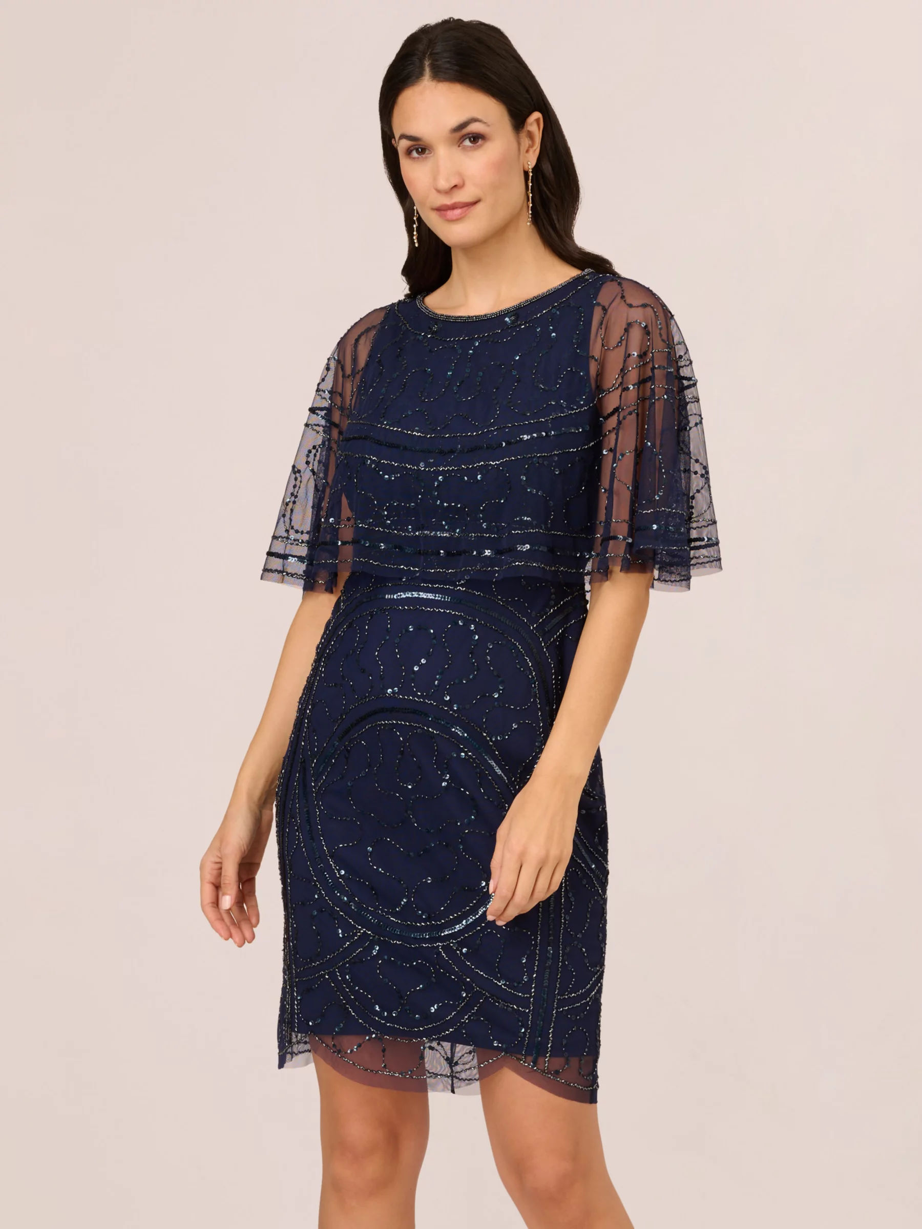 Adrianna Papell Papell Studio Beaded Mesh Mini Dress Light Navy