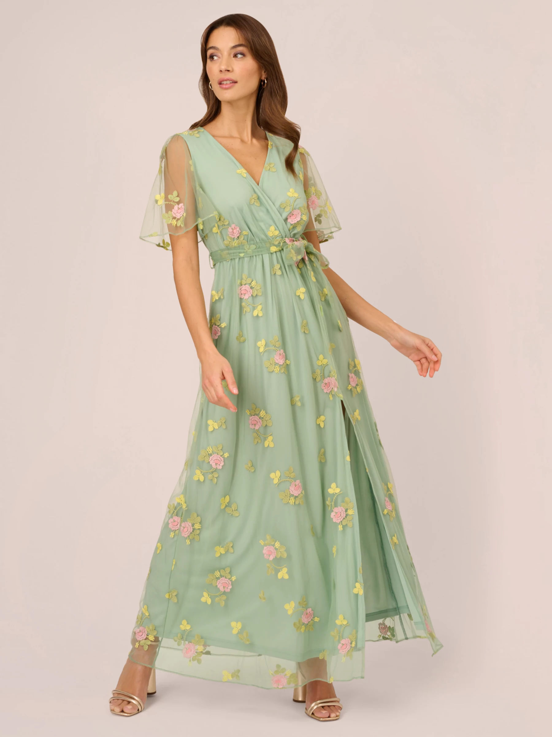 Adrianna Papell Embroidered Flutter Sleeve Maxi Dress Sage Multi