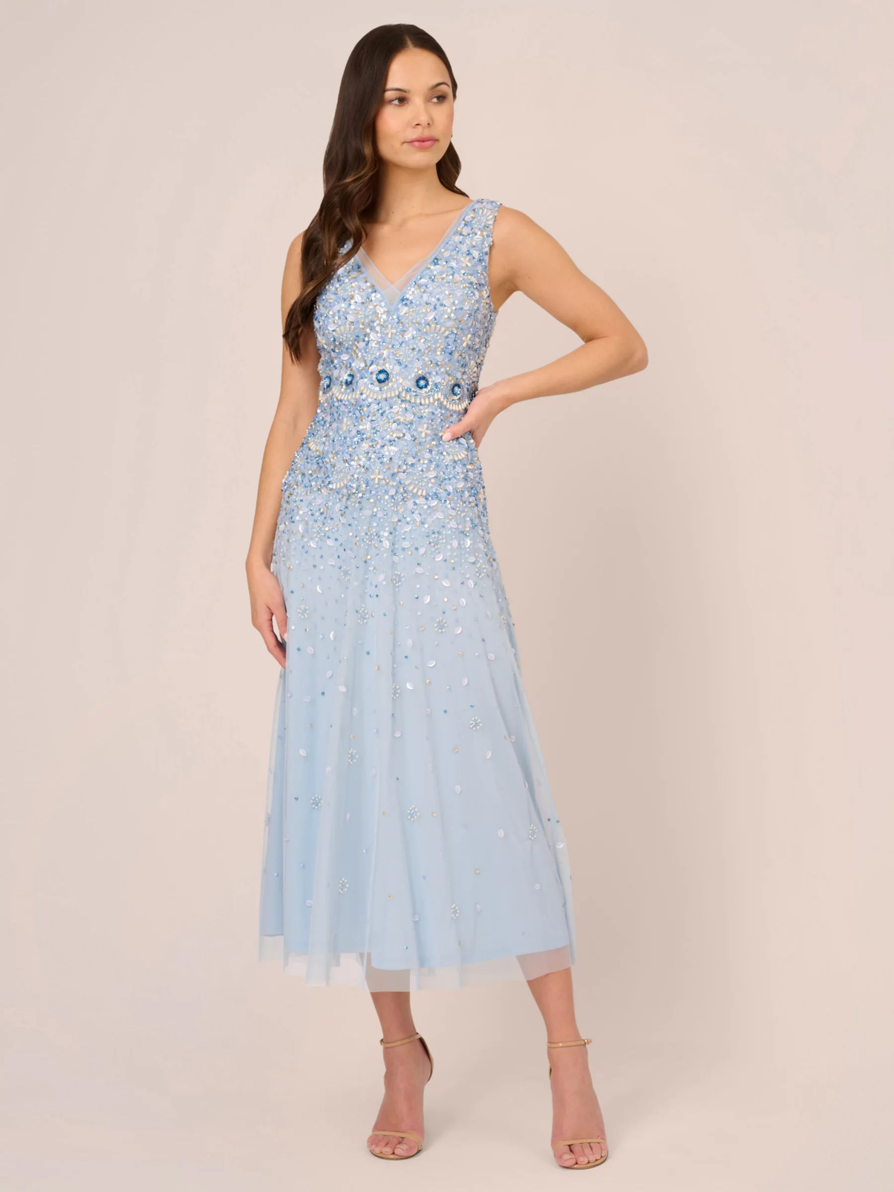 Adrianna Papell Beaded Mesh Dress Elegant Sky 299.00