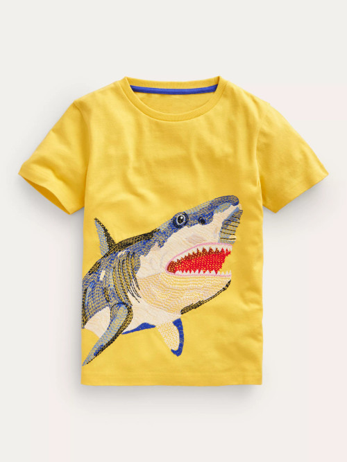 Mini Boden Kids' Superstitch Shark T-Shirt, Gooseberry Yellow, £23.00