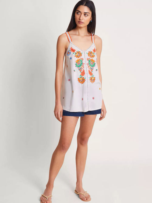 Monsoon Kiran Embroidered Cami Top, Pink, £45.00