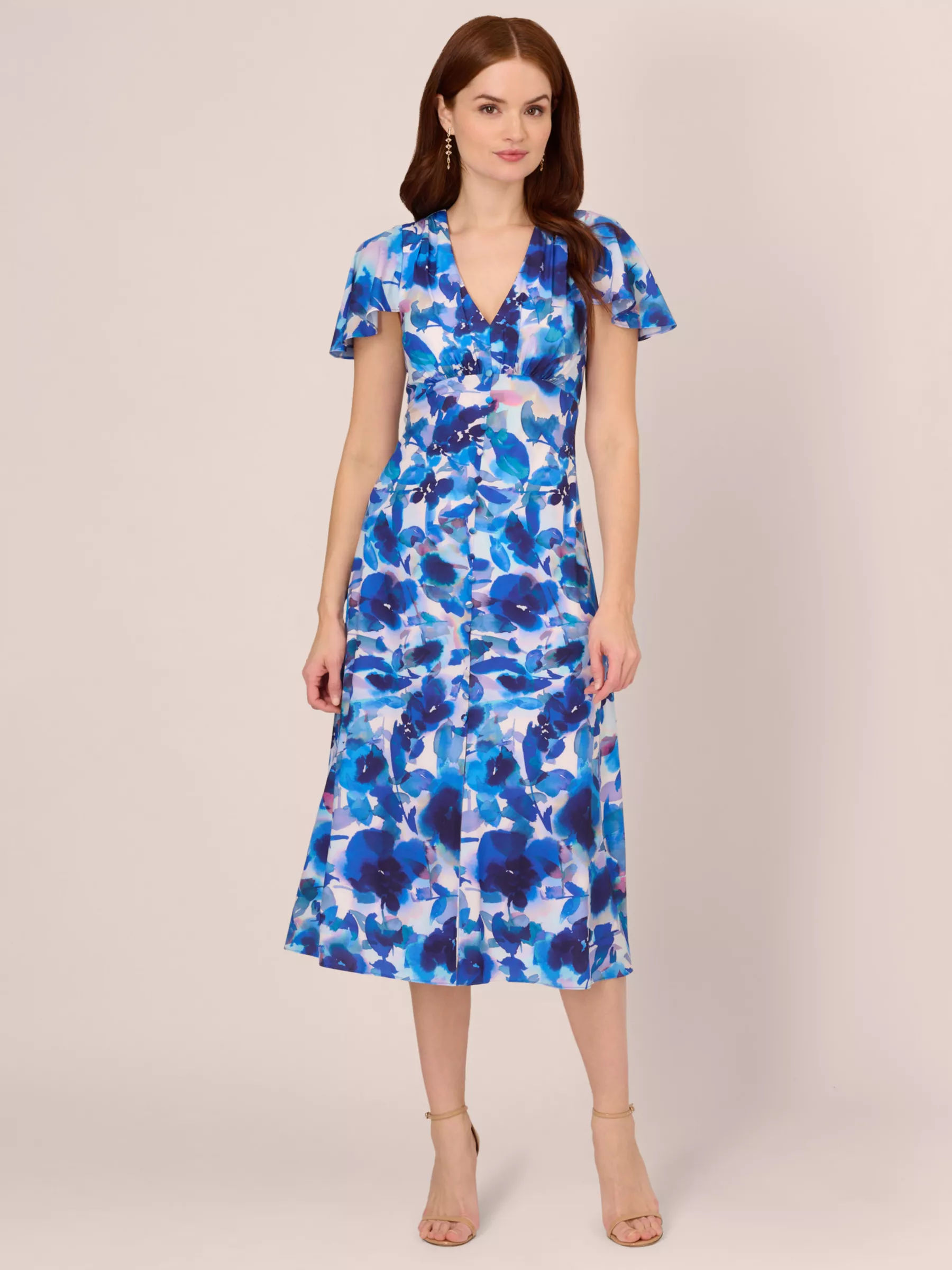 Adrianna Papell Floral Print Ruffle Midi Dress Blue Multi