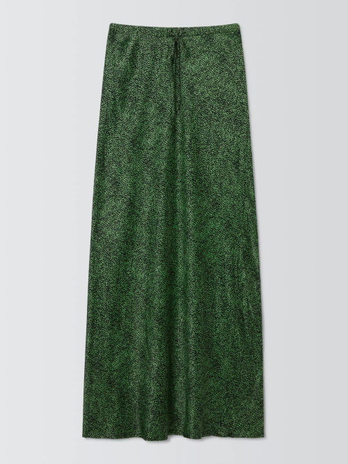 John Lewis ANYDAY Printed Drawstring Crinkle Satin Maxi Skirt, Green/Multi