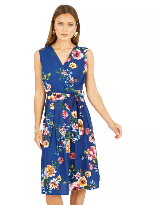 Yumi Mela London Floral Print Midi Wrap Dress, Navy/Multi