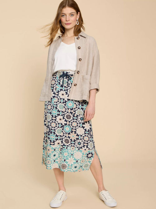 White Stuff Elle Linen Blend Midi Skirt, Navy/Multi