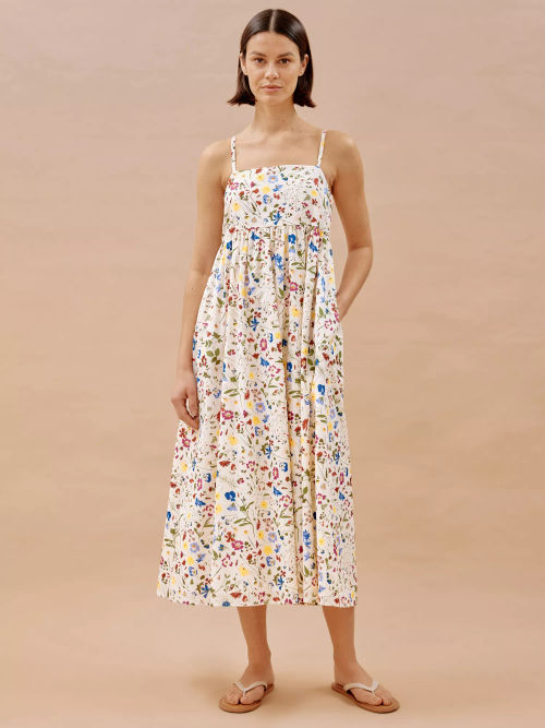 Albaray Buttercup Pressed Floral Print Midi Sundress, Cream/Multi