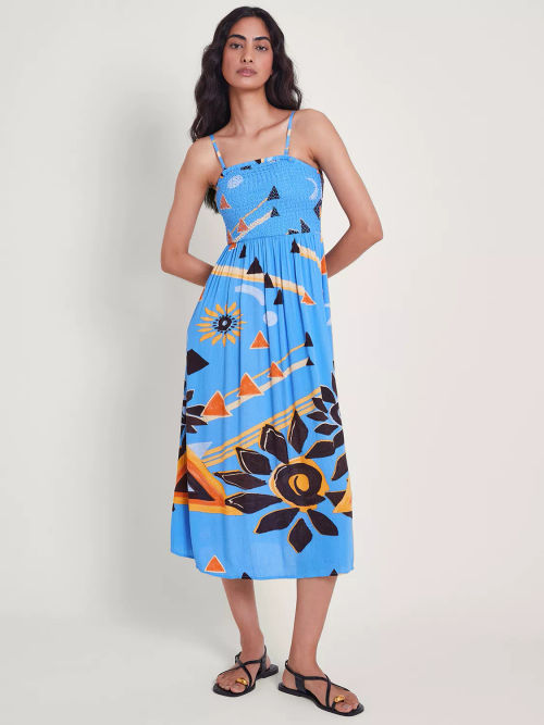 Monsoon Amanda Midi Bandeau Dress, Blue/Multi