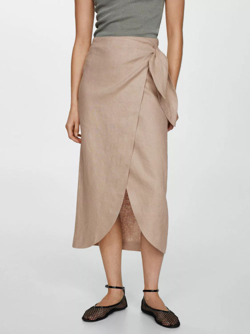 Mango Linen Wrap Midi Skirt,...