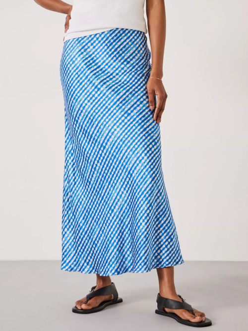 HUSH Simone Watercolour Gingham Slinky Maxi Skirt, Blue