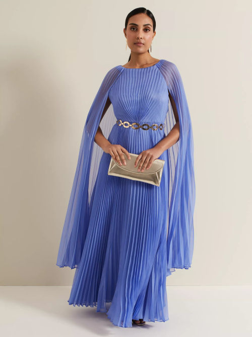 Phase Eight Petite Marren Cape Sleeve Pleated Maxi Dress, Blue