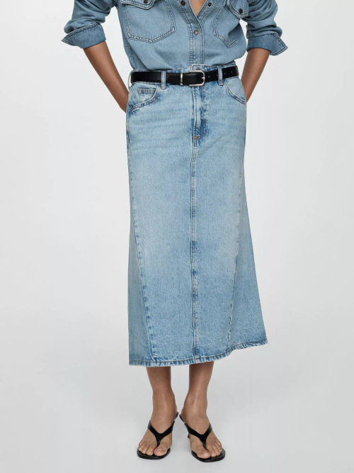 Mango Reign Denim Midi Skirt, Light Blue