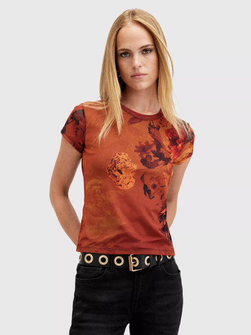 AllSaints Ellie Graphic Mesh T-Shirt, Orange Mid