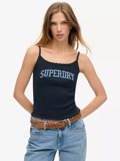 Superdry Athletic Essentials Graphic Pointelle Cami Top, Eclipse Navy