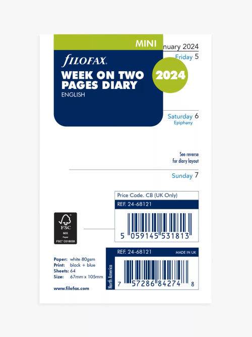 Filofax Personal Week on Two Pages 2024 Personal Organiser Insert, White