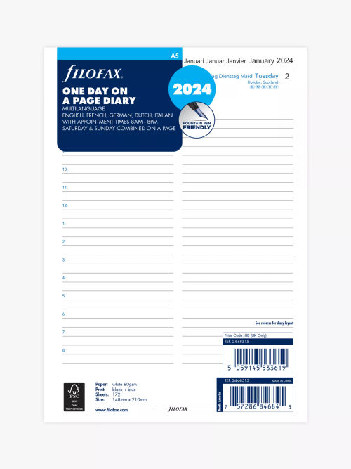 Filofax A5 One Day on a Page Multilanguage 2024 Personal Organiser