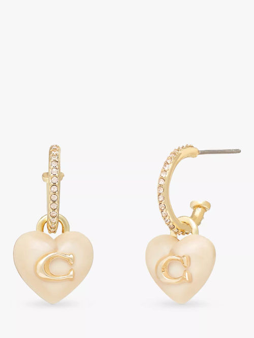 Coach Heart Drop Huggie Hoop Earrings, Blush/Gold