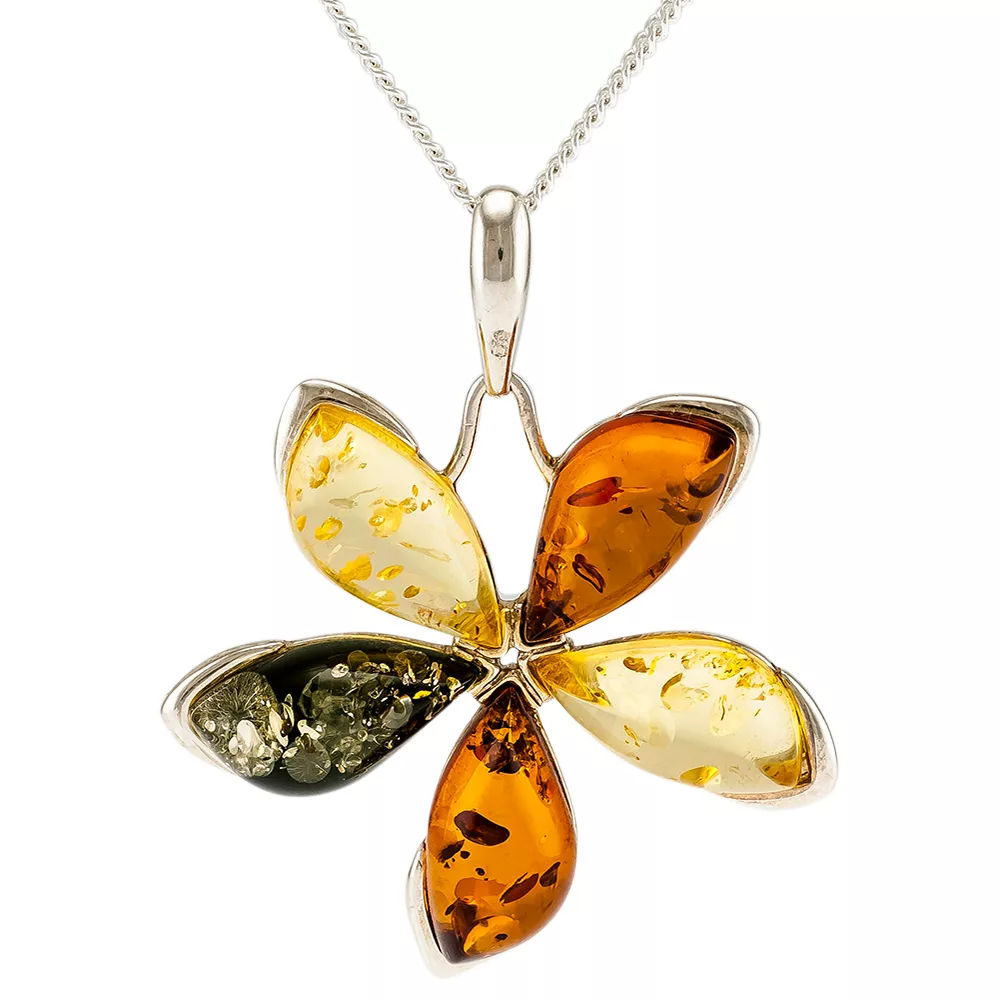 Be-Jewelled Sterling Silver Marquise Amber Flower Pendant Necklace