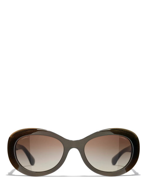 CHANEL Oval Sunglasses CH5414 Black/Beige at John Lewis & Partners