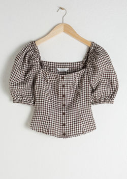 Linen Puff Sleeve Gingham Top - Beige