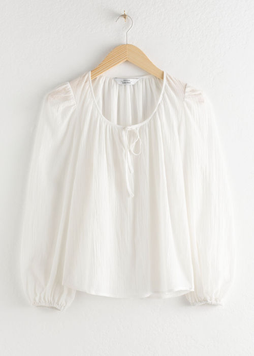 Puff Sleeve Knot Tie Blouse -...