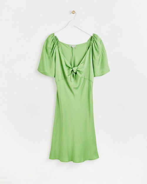 Tie Front Green Satin Mini...