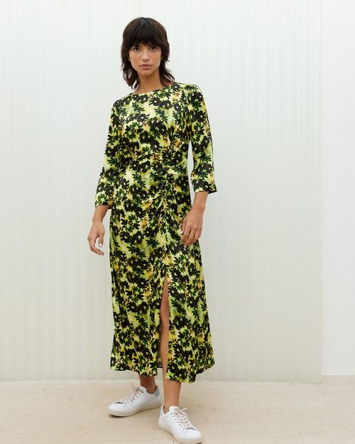 Inky Floral Print Yellow Midi...