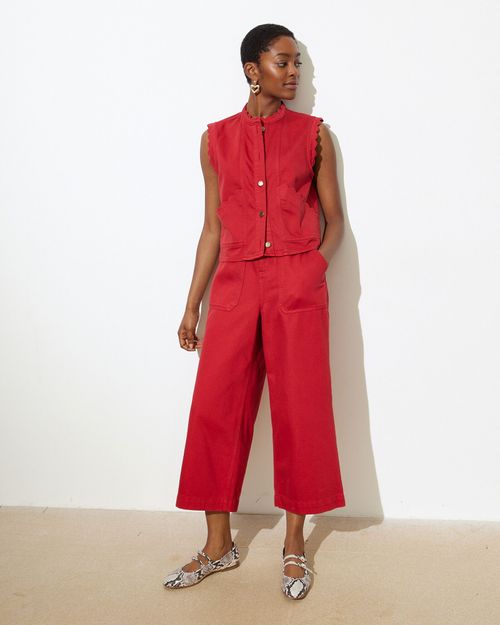 Red Denim Cropped Wide Leg...